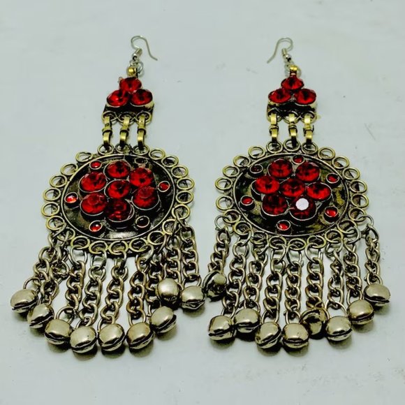Kuchi Red Dangle Earrings, Massive Ethnic Afghan Earrings, Kuchi Tribal Jewelry - Picture 6 of 10